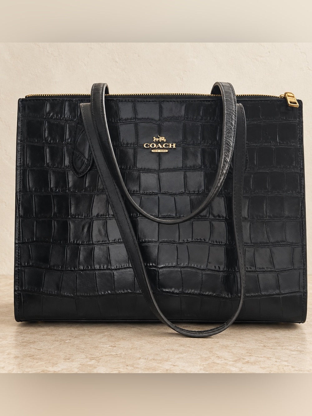 Coach Dark Brown Croc-Embossed Leather Tote with Gold Logo